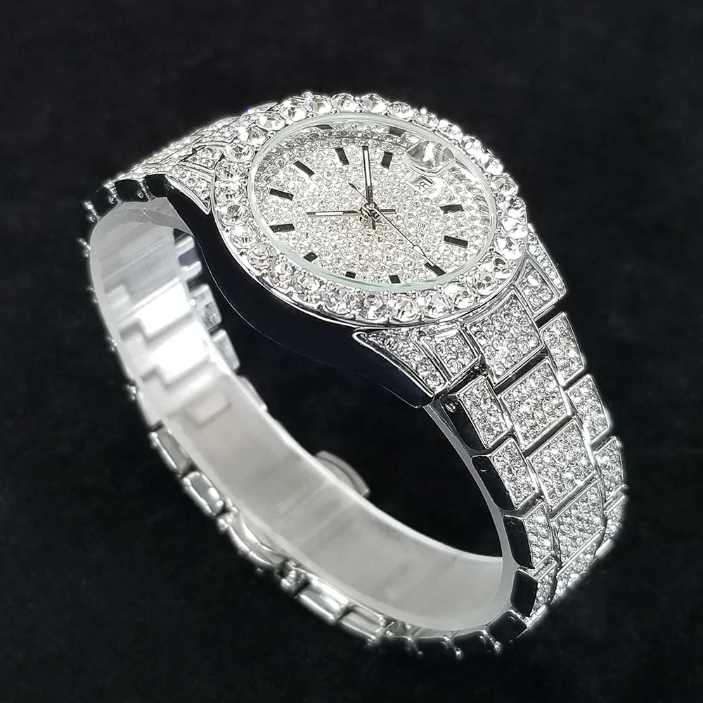 Elegant Diamond Watches Female Fashion Silver Round Stainless Steel Quartz Watch Iced Out Shiny Waterproof Clock Gift for Women