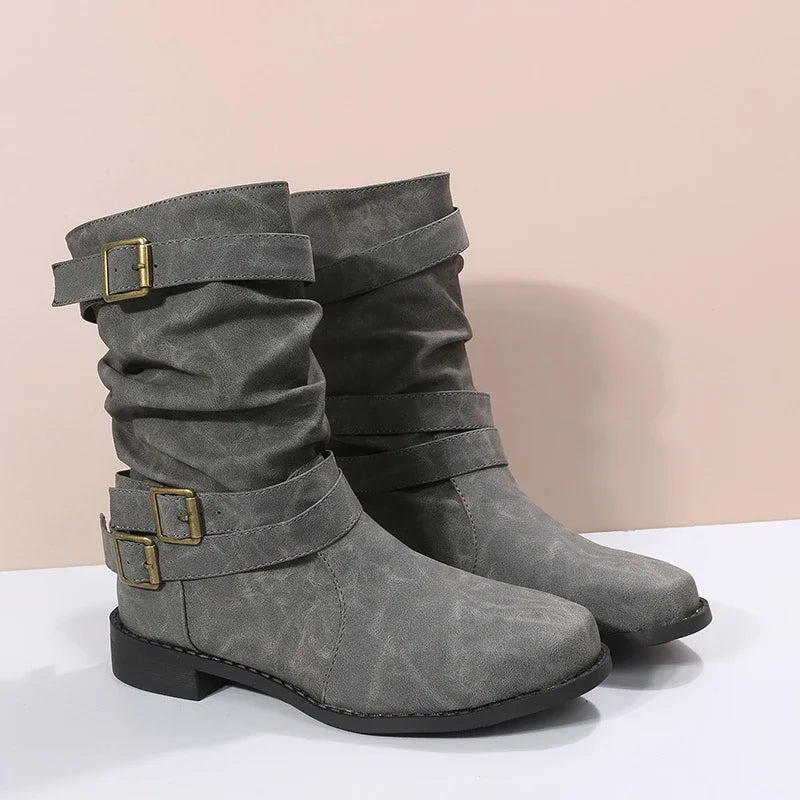 Autumn Winter Ladies Short Boots Belt Buckle Decorated Cowboy Boots Wedge Heel Thick Sole Non-Slip Outdoor Boots Travel