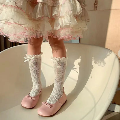 Girls Long Tube Lace Stockings Sweet Bow Jacquard Pattern Mesh Sock Baby Girl Ballet Fishing Net Frilly Socks Lolita Leggings