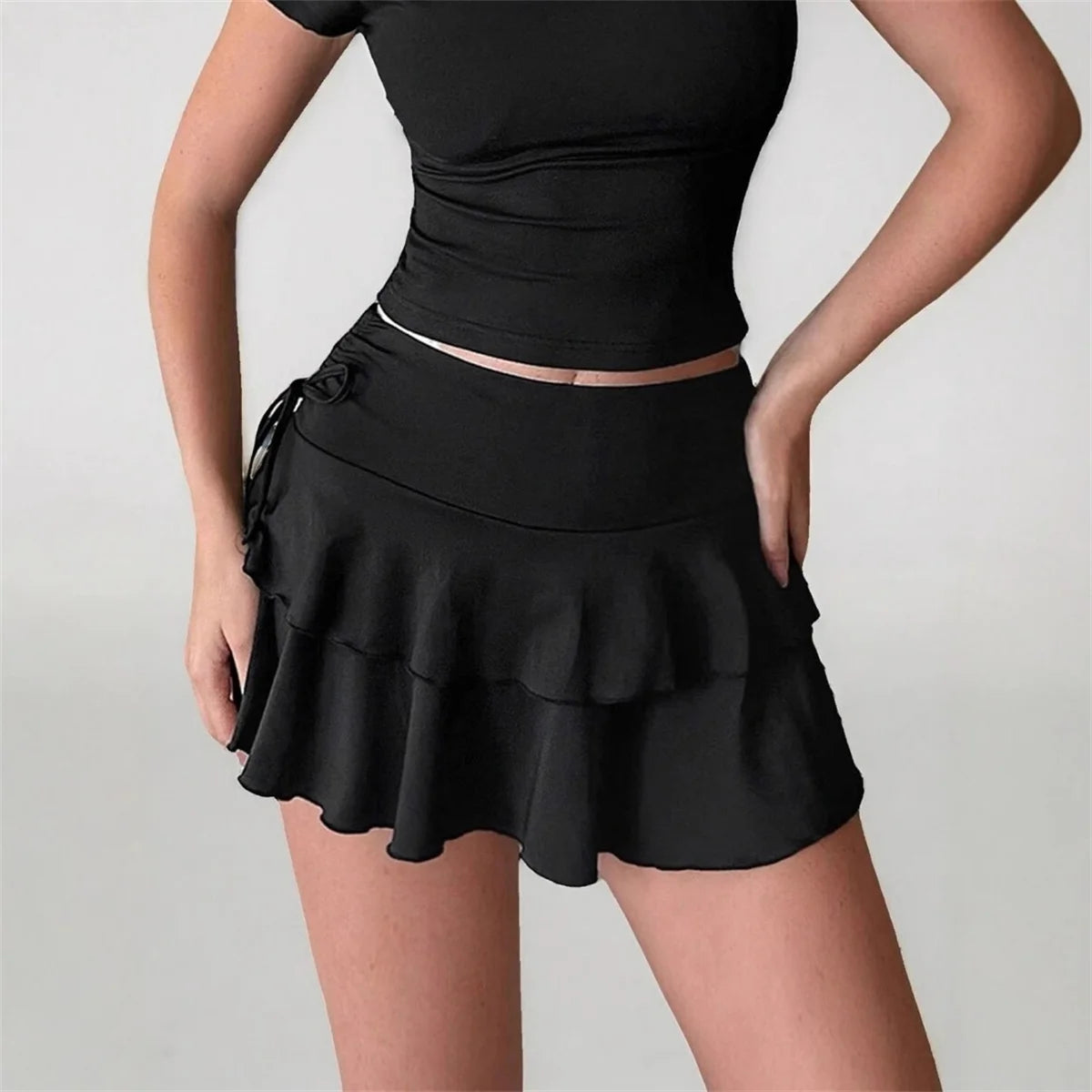 Solid Color Lace Up Girls Short Mini Skirt Ruffle Slim Fit High Waist A-line Skirt Teens Cake Dress Pleated Mini Skirts Summer