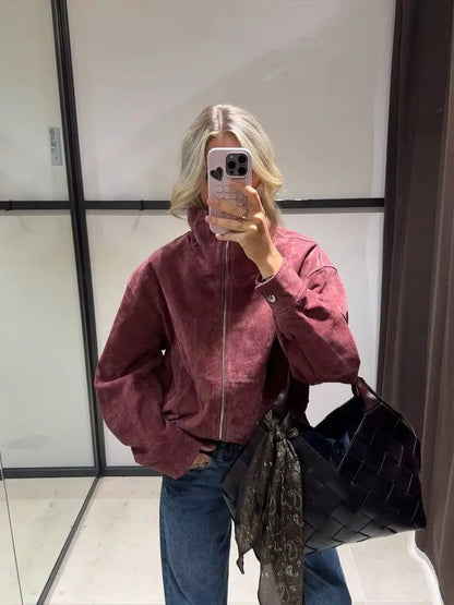 Women Stand Collar Leather Pilot Jacket Red Zipper Cropped Coat Fashion Casual Fashion Outerwear 2026 New Arrival Streetwear