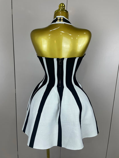 Sexy Backless Black White Stripes Halter Bandage A Line Short Dress 2025Women Celebrity Elegant Evening Party Holiday Club Dress