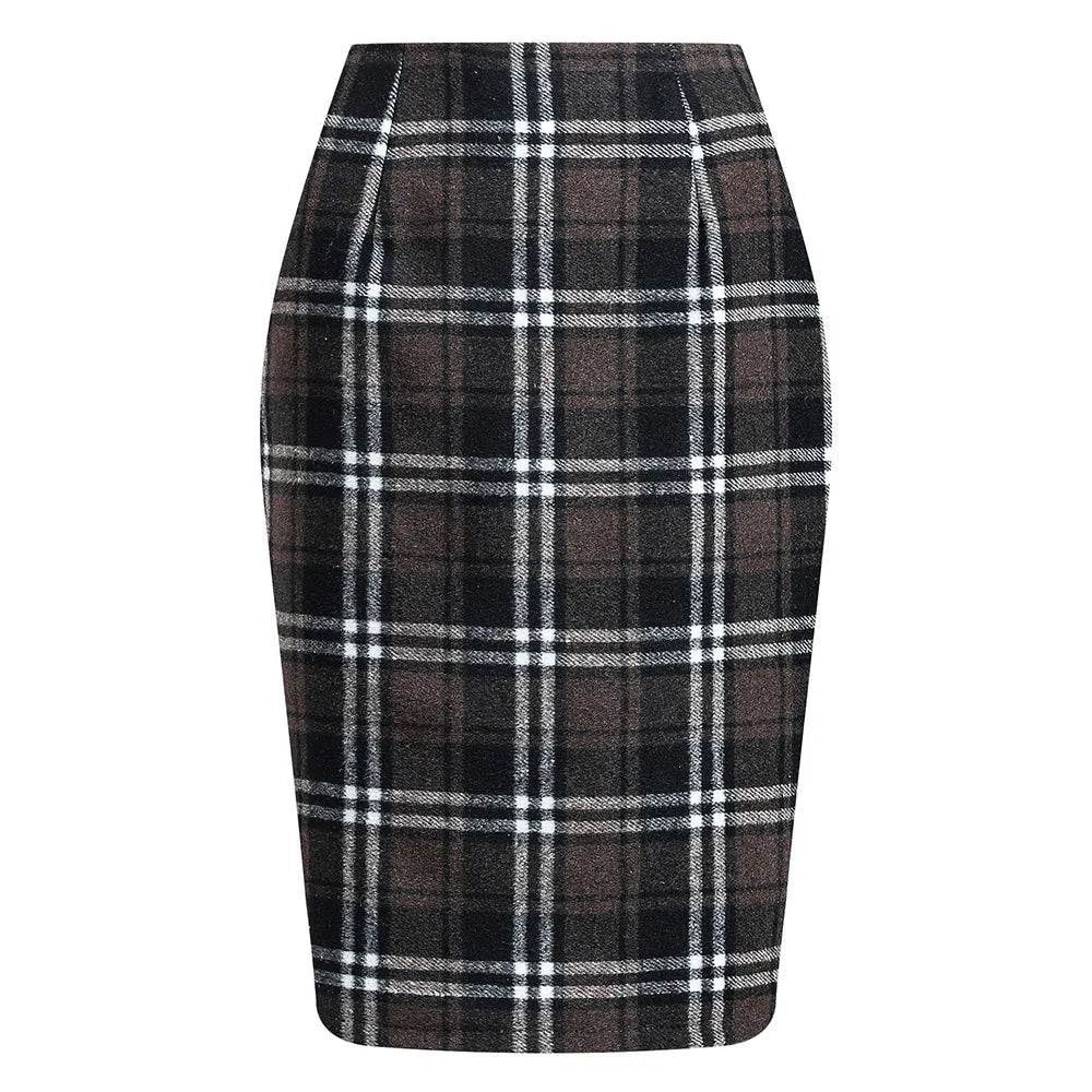 2025 Autumn and Winter Women's Plaid Hip Skirt Zipper Slim Wool Blend Fashion Office Pencil Skirts Midi Skirt