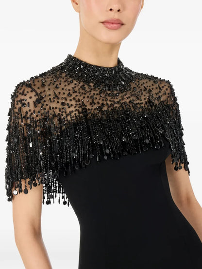 Luxury Bead Party Dresses High Collar Short Sleeve Black Jersey Straight Floor Length Evening Dress Back Zipper  Gown Customized