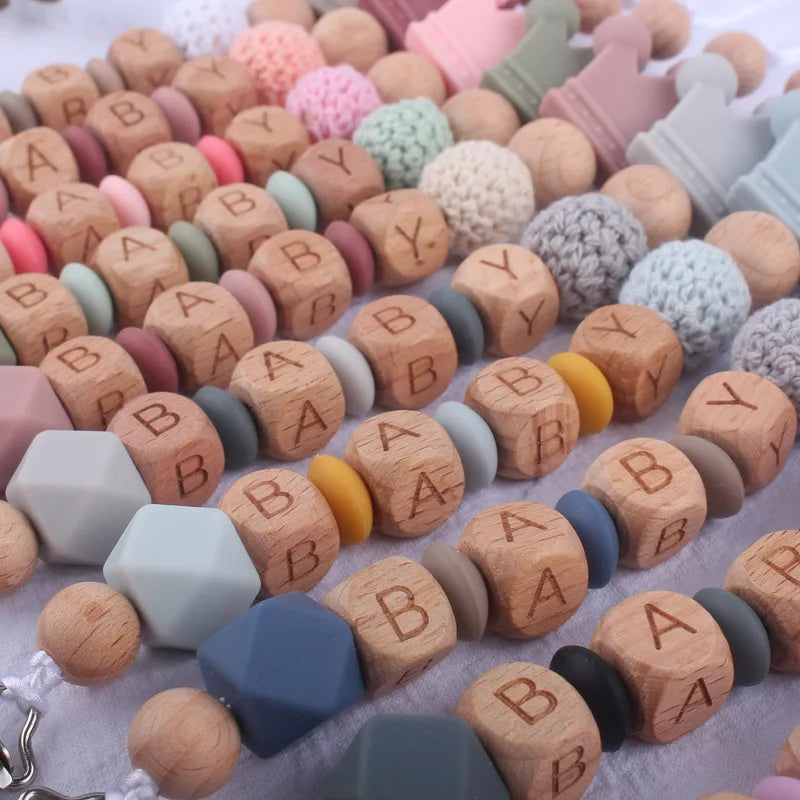 Handmade Beech Wood Baby Pacifier Chain Crown Silicone Beads Infant Appease Soother Clips Anti-Drop Dummy Holder Nipple Clip