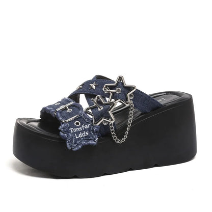 2026 Summer Women's Gothic Chunky Platform Wedges Sandals Chain Street Cool Slide Sandals Women Shoes Walking Comfy