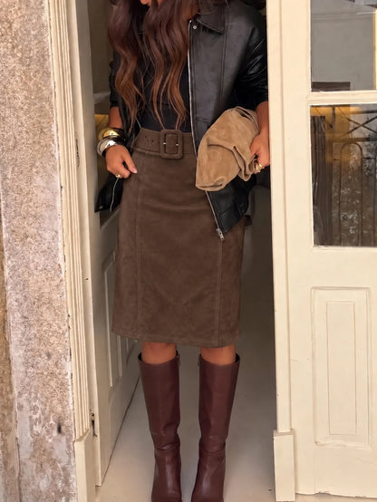 Vintage Faux Suede Midi Skirt Women's High Waisted Belted Straight Skirt Knee Length 2026 Fall Winter Office Lady Brown Skirts