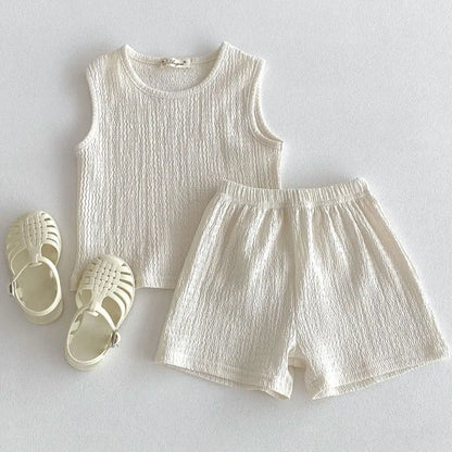 New Arrival Korean Style Solid Baby Gauze Homewear Children Breathable Loose Sleeveless Tank Tops + Shorts 2Pcs Thin Pajamas Set