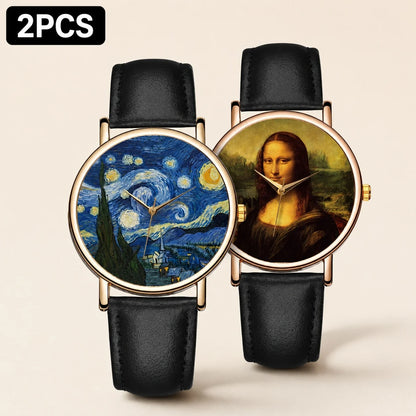 Van Gogh Painting Dial Watches for Women Men Metal Case Leather Strap Quartz Watches Artwork The Starry Night Woman Watches Gift