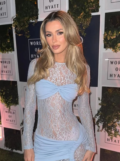 Women Sheer Mesh Light Blue Lace Mini Dress Long Sleeve Twist Front Ruched Skirts Detachable Drape Bodycon Summer Party Outfit