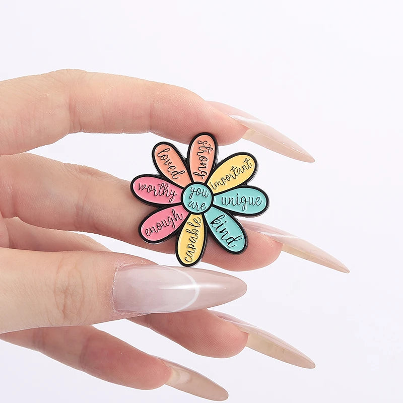 Motivational Flower Brooch Enamel Pins Encouraging Quotes You are Enough Worthy Strong Brooch Bag Clothes Badge Gift for Friends