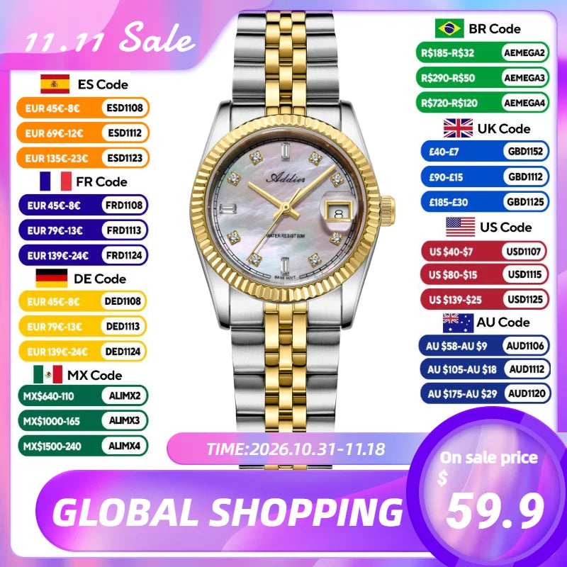 Addies Ladies Dress Watch Movement Mother-Of-Pearl Dial 28mm Sapphire Czech Rhinestone 50m Waterproof Sport Women Quartz Watch