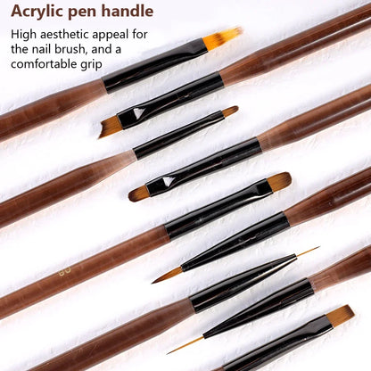 9Pcs Nail Brush Set Detail Work Pens Stylish Brown Handles Gel Nail Art Fine Line Painting Professional Home Use Tool Kit