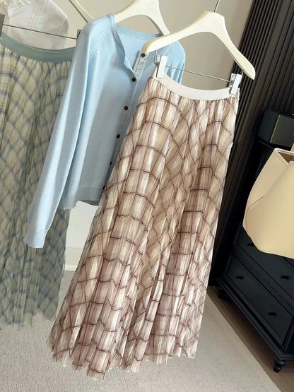 Retro Plaid Print Tulle Maxi Skirt for Women, Spring Summer High Waist Slim A-Line Pleated Midi Skirt, Flowy Ball Gown Style