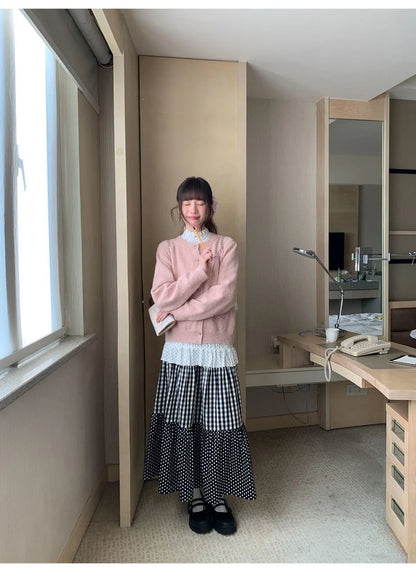 Women Patchwork Maxi Skirt Polka Dot Plaid Tiered Long Skirt Casual Loose High Waist A Line Flowy Beach Vacation Skirts