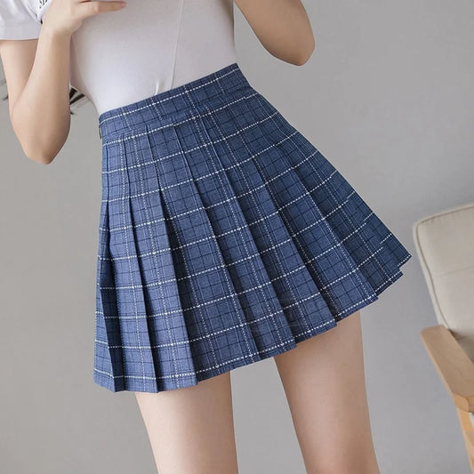 TFETTERS Plaid Pleated Mini Skirt Women Spring Autumn High Waist A Line Short Skirt Vintage Checkered Uniform Skater Skirts