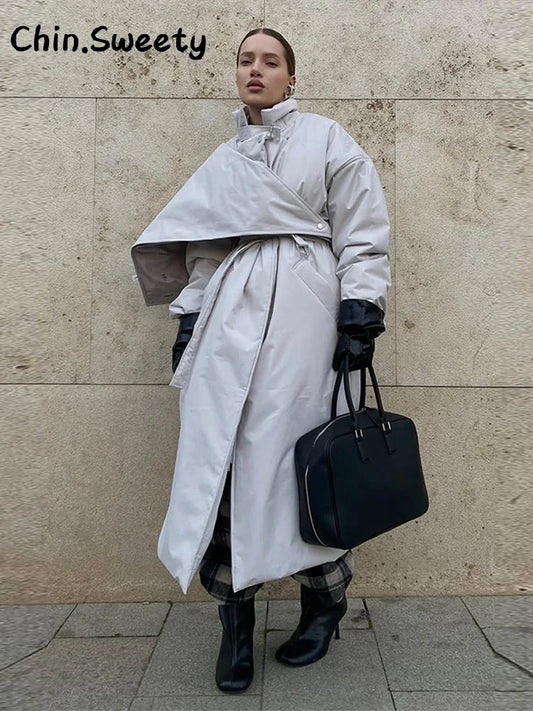 Fashion Women's Shawl Belt Long Cotton Padded Coat Stand Collar Lace Up Zipper Full Sleeve Coats 2026 Winter Lady Warm Jacket