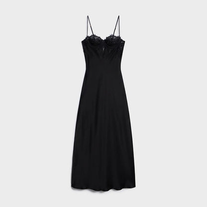 Lace Bust Satin Slip Dress Spaghetti Strap Back Split Elegant Maxi Night Vestido 2026 Summer Banquet Party Women Gentle Grown
