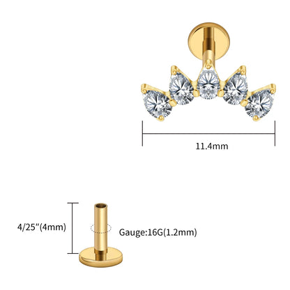 Right Grand ASTM F136 Titanium 5-Pear CZ Crown Cartilage Earring 16G Flat Back Stud Helix Tragus Labret Nose Piercing Jewelry