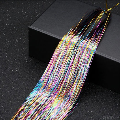 Laser Holographic Hair Tinsel Extensions Rainbow Metallic Shiny Glitter Hair Strand Sparkly Synthetic Hair for Braiding Festival