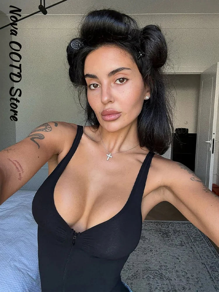 Sexy Slim Corset Women's Bodysuit V-neck Zipper Sleeveless Backless Romper Female 2026 Spring Summer Lady Chic Bustier Nighty