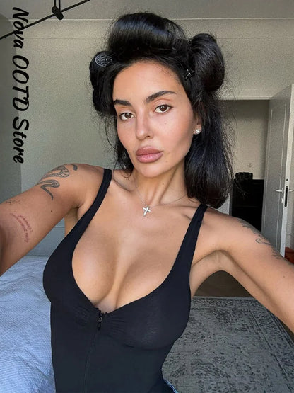 Sexy Slim Corset Women's Bodysuit V-neck Zipper Sleeveless Backless Romper Female 2026 Spring Summer Lady Chic Bustier Nighty