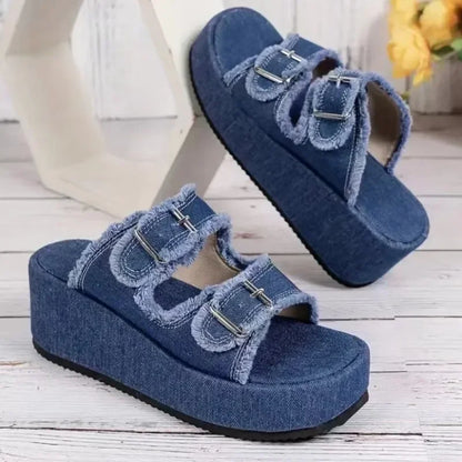 Cowboy Wedges Slippers Shoes Women High Heels Platform Sandals Buckle Flip Flops 2026 Summer Fashion Pumps Zapatos Mujer Slides