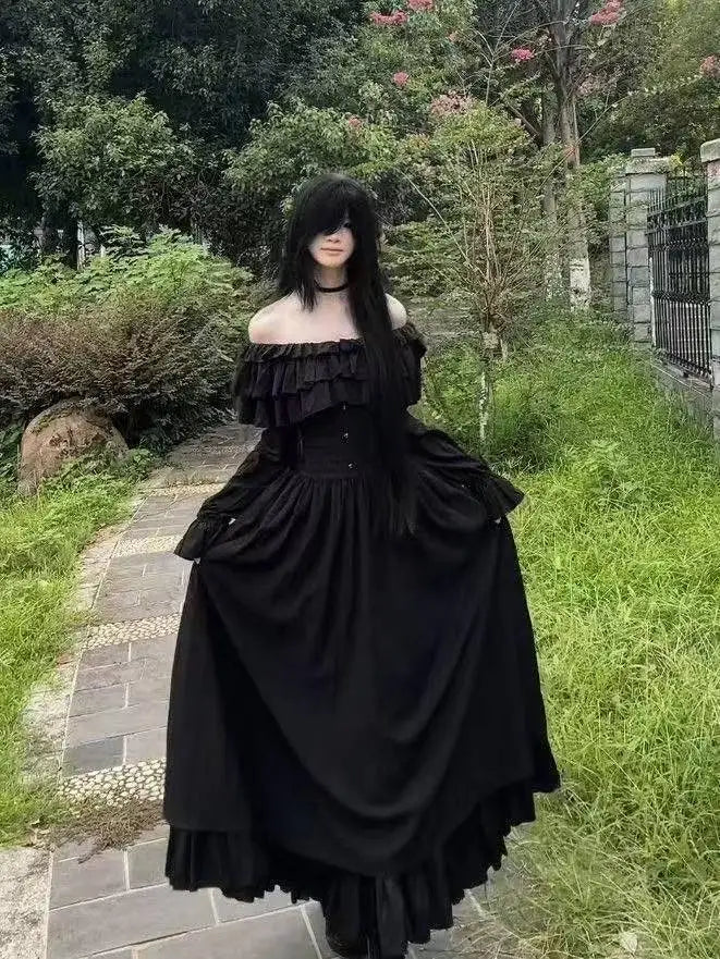 Japanese Gothic Vintage Black Dress Slim Elegant Midi Dress Solid Retro Fashion Party Dress Woman Korean Style Chic