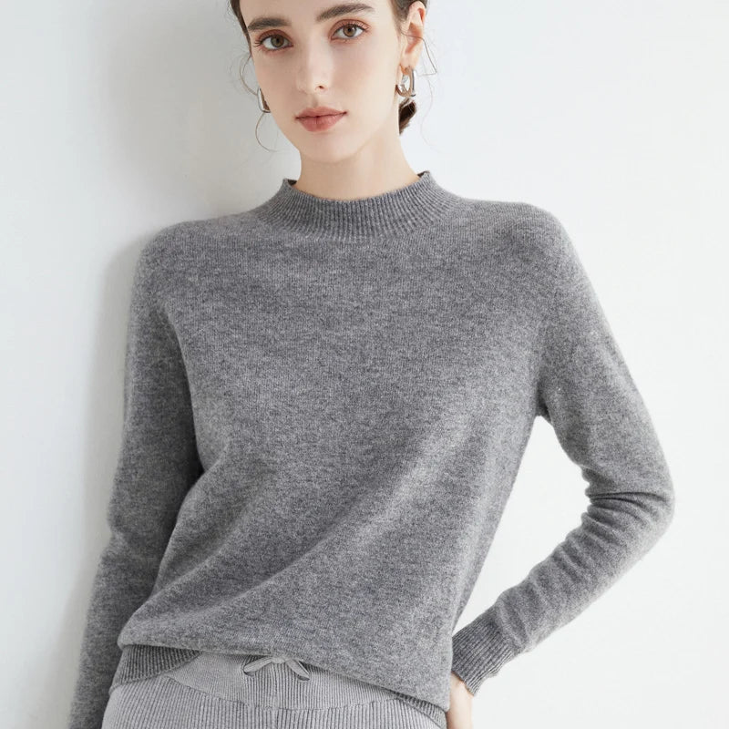 First-Line Seamless Women's Half-Turtleneck 100% Pure Wool Sweater Solid Color Long Sleeve Pullover Knitted Bottoming Sweater