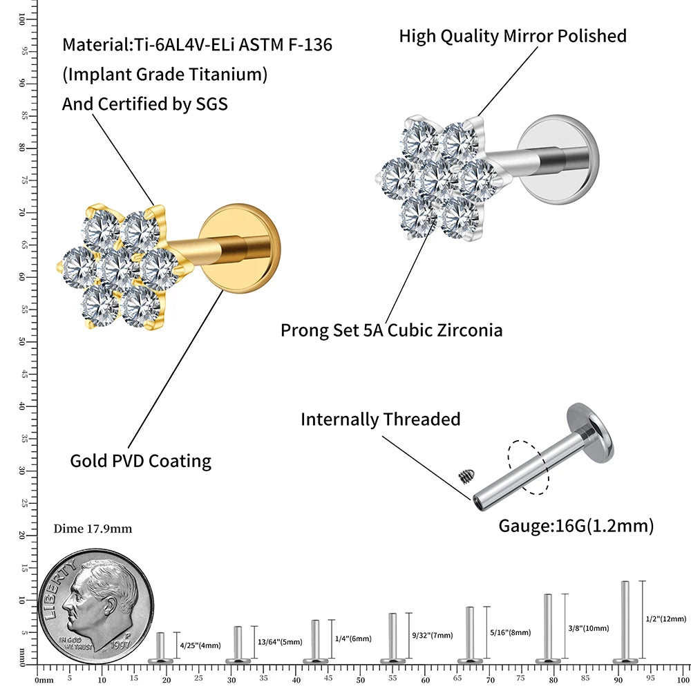 Right Grand ASTM F136 Titanium 16G Tiny Flower CZ Stud Earring Tragus Helix Rook Conch Labret Stud Flat back Cartilage Piercing