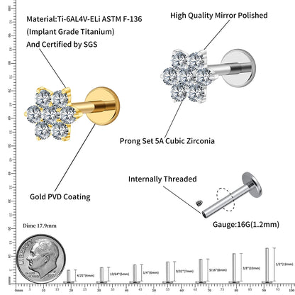 Right Grand ASTM F136 Titanium 16G Tiny Flower CZ Stud Earring Tragus Helix Rook Conch Labret Stud Flat back Cartilage Piercing