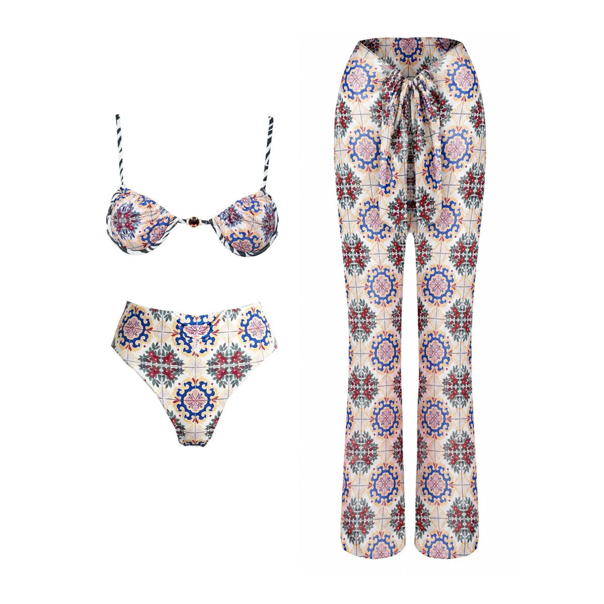 Push Up 2026 New Retro Prints 3 Pieces Bikinis Sets With Mesh Pants Beachwear Sexy Women's Swimsuit Cover-ups Strappy Beach Wear