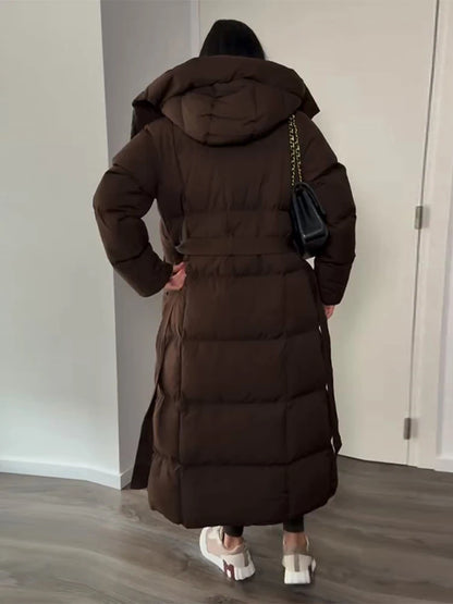 Hooded Lace up Long Jacket Woman Solid Color Zipper Long Sleeve Loose Coats Versatile Warm Minimalist Women's New Winter Jackets