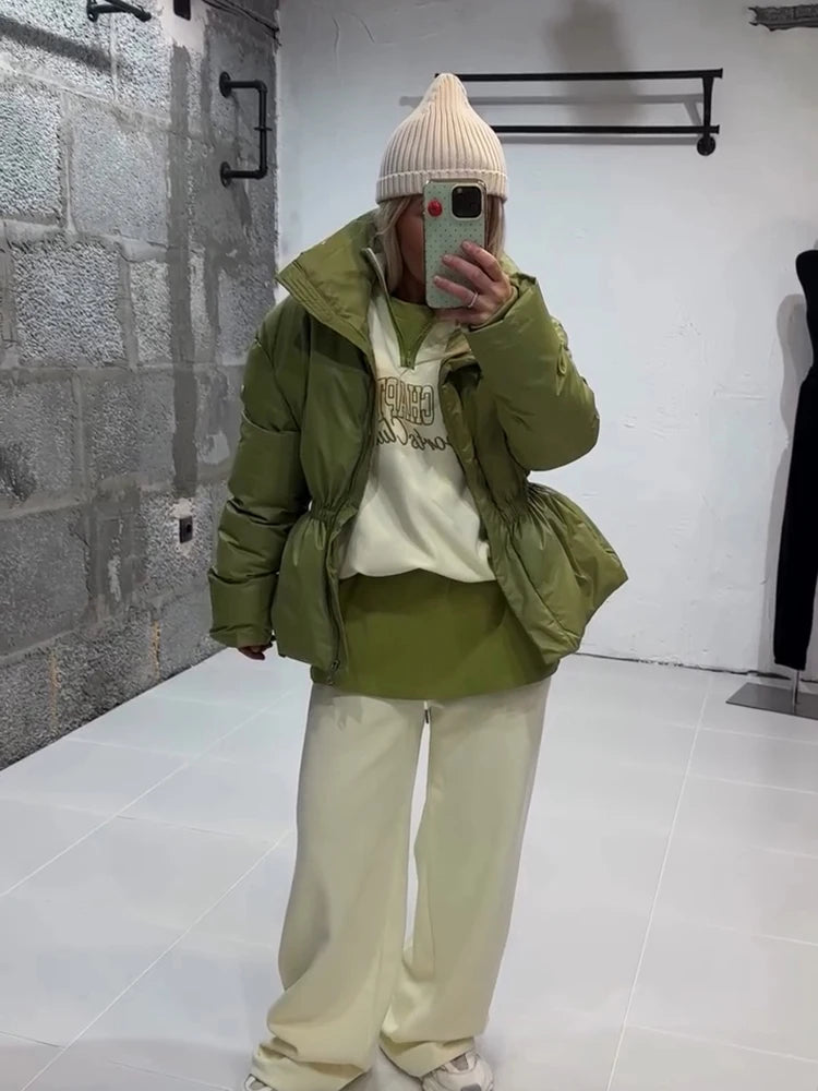 Women Stand Collar Puffer Jacket Waist Cinched Zipper Long Sleeve Warm Padded Coat 2026 Winter Commuter Lady Quilted Outerwear
