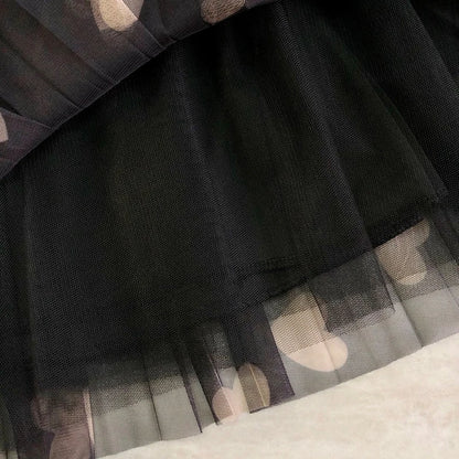 Tulle Maxi Skirt Women Fashion 2022 Spring Summer Heart Print High Waist Pleated Mesh  Long Skirt Female Aesthetic Skirt