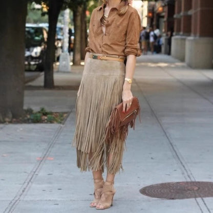 American Retro Personality Waste Wind Skirt 2025 Autumn and Winter High Waist Tassel Design Sense A Word Women's Skirt