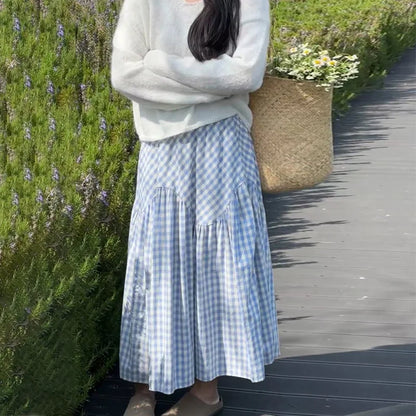 Women's Gingham Panel Long Skirt