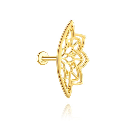 AIDE 925 Sterling Silver Shiny Hollow Lotus Flower Crown Flat Back Internal Thread Piercing Earring For Women INS Dainty Luxury
