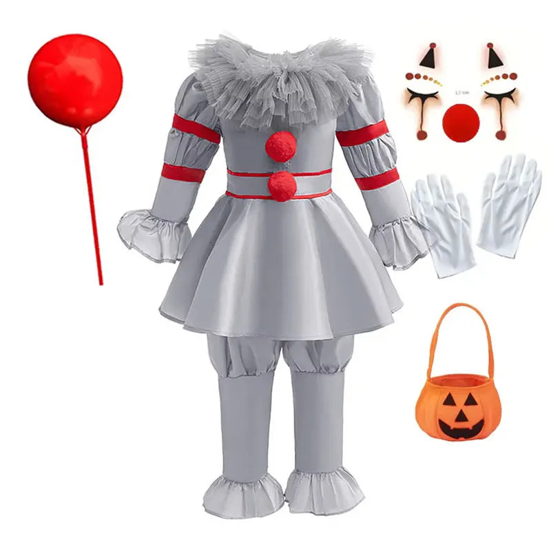 Scary Grey Joker Clown Costume for Kids Horrible Cosplay Dress Set 2026 Halloween Carnival Party Outfit Boys Girls
