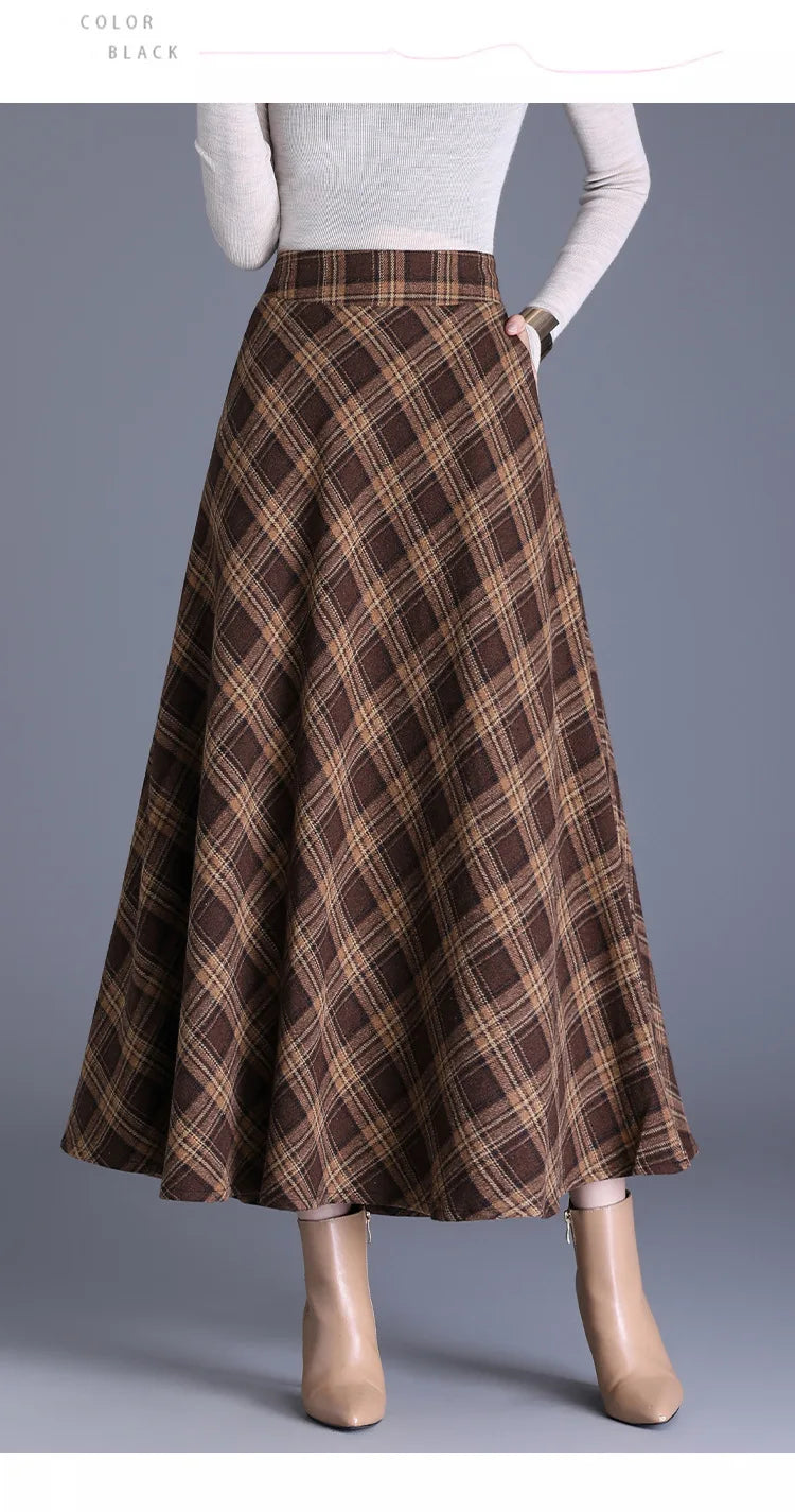 Fairyshely 2026 Winter Brown Plaid Woolen Long Skirt Women Autumn Warm High Waist Midi Skirt Ladies Elegant Thick Pleated Skirt