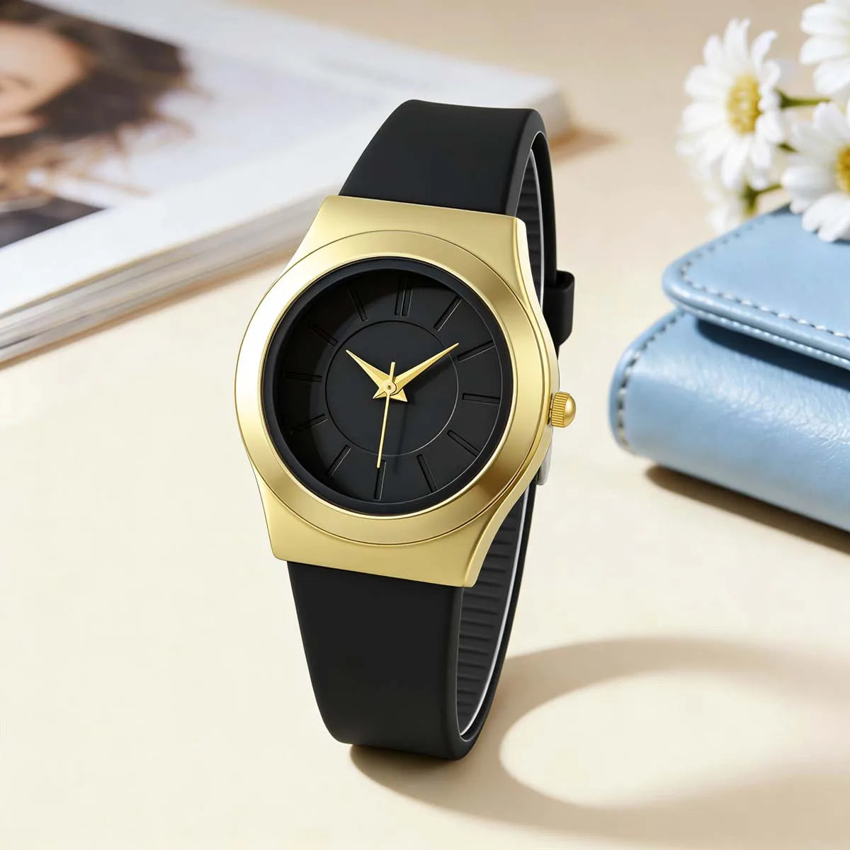 Women Minimalist Quartz Watch Soft Silicone Strap Gold Alloy Case Simple Line Dial Casual Ladies Watches