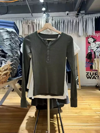 Retro White Ribbed Button T-shirts Women Spring Cotton Round Neck Long Sleeve Tees Female Y2k Streetwear Casual T Shirt Tops