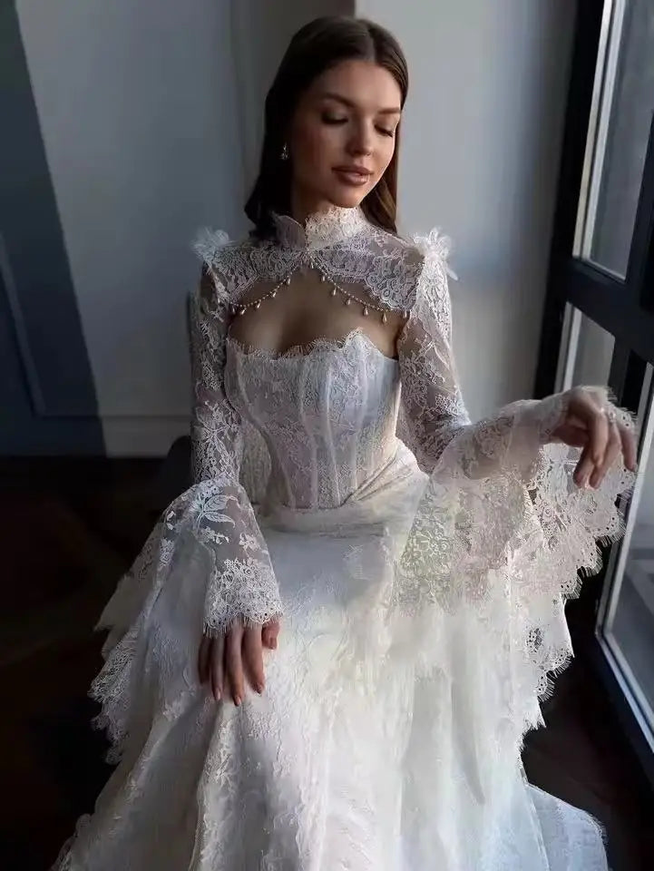 Custom Made Ivory Elegant Lace Mermaid Wedding Dress High Neck Ruched Long Sleeves Corset Backless Bridal Gown with Train