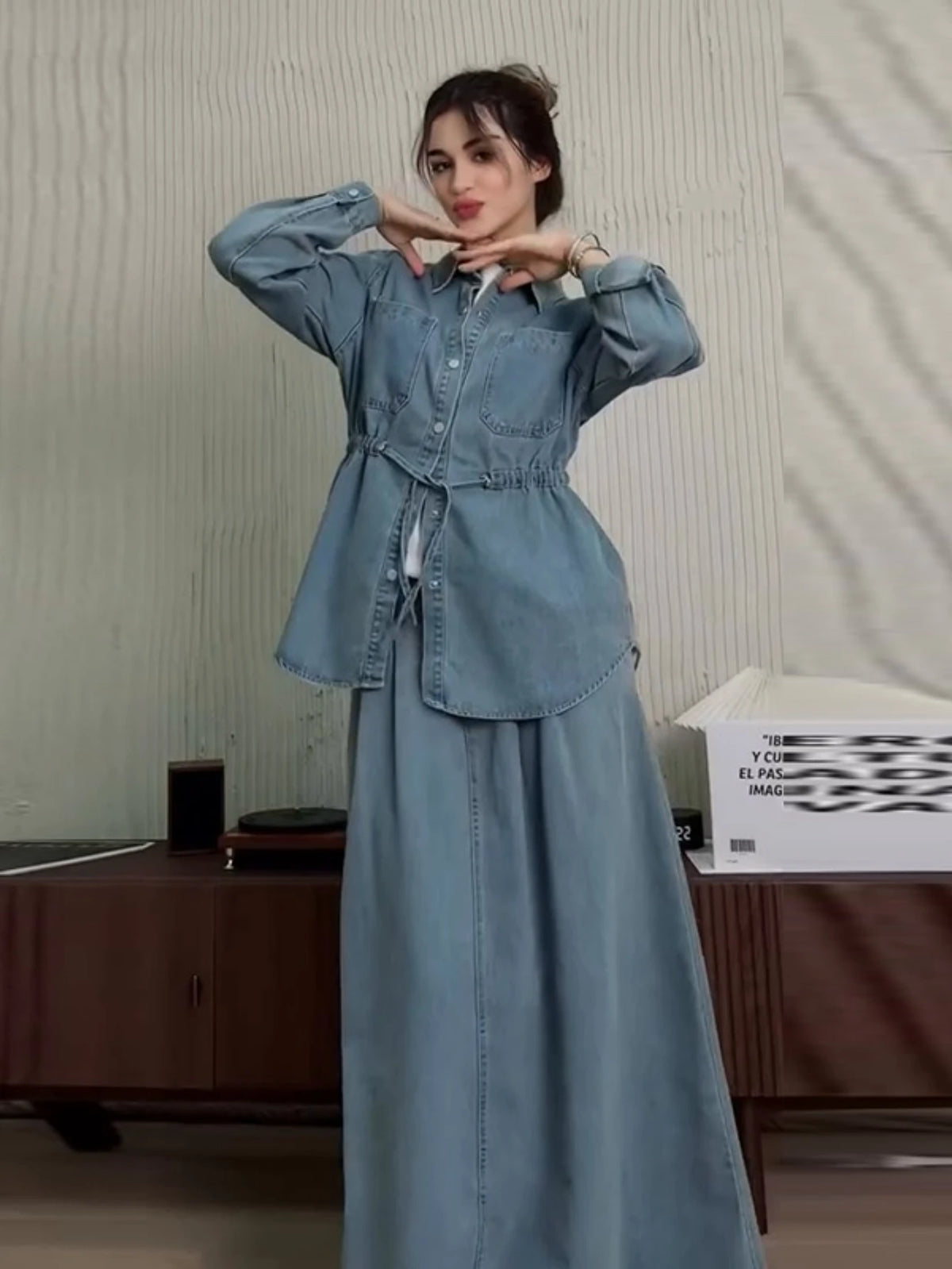 Denim 2 Piece Sets Women Muslim Shirt Coat Skirts Outfits Single Breasted Turn Down Collar Pockets Long Skirts Overshirt Suit