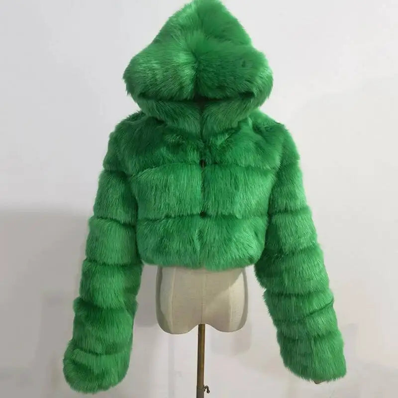 S-6XL Women Coat Autumn Winter Short Hooded Faux Fox Fur Coat Thick Warm Outerwear Fake Fur Woman Jackets Ladies Furry Coats