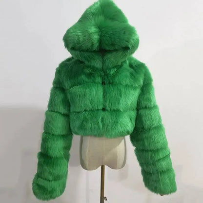 S-6XL Women Coat Autumn Winter Short Hooded Faux Fox Fur Coat Thick Warm Outerwear Fake Fur Woman Jackets Ladies Furry Coats