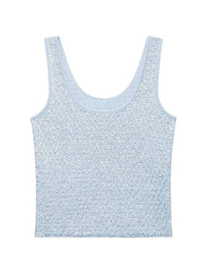 Women's Tank Tops Knitted Sequined Vests Summer Female Square Collar Sleeveless Backless Bodycon Crop Top Chic Lady Knitwear New