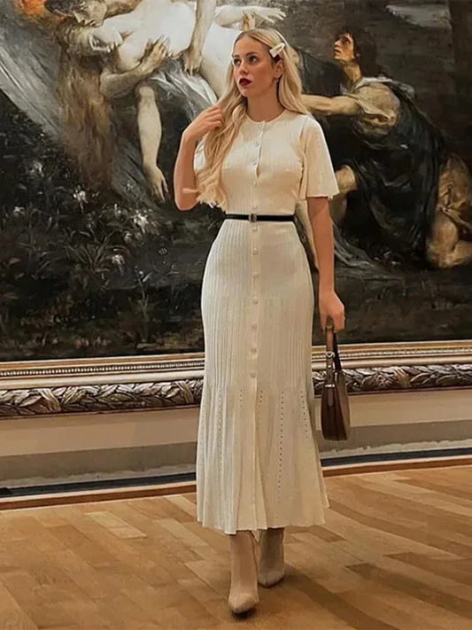 Elegant Solid Knitted Long Dress For Women Fashion O Neck Short Sleeve Single Breasted Female Robes 2024 Autumn New Lady Dresses
