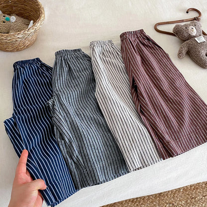 Boys Girls Linen Cotton Stripe Trousers For Children's Clothes Fall Spring Boy Loose Casual Harem Pants Kids Long Pants for 1-7T