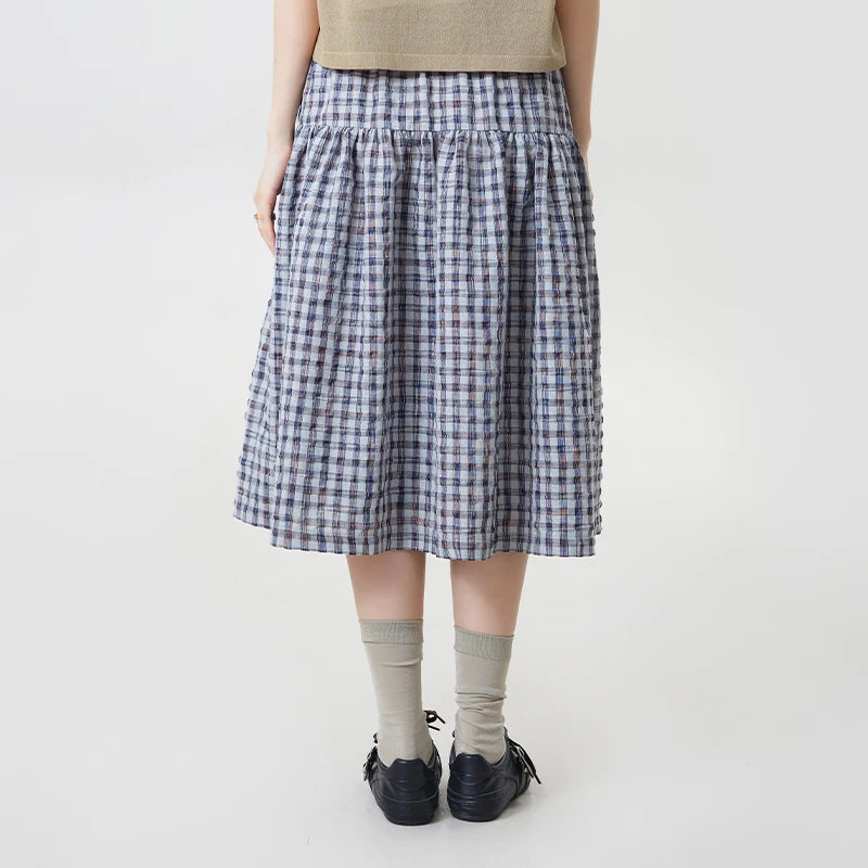 MOVEUP Casual Plaid Skirt 2026 Summer New Elastic Waistband Pocket Commuting Pleated Patchwork Loose A-Line Skirt 3ELX20627